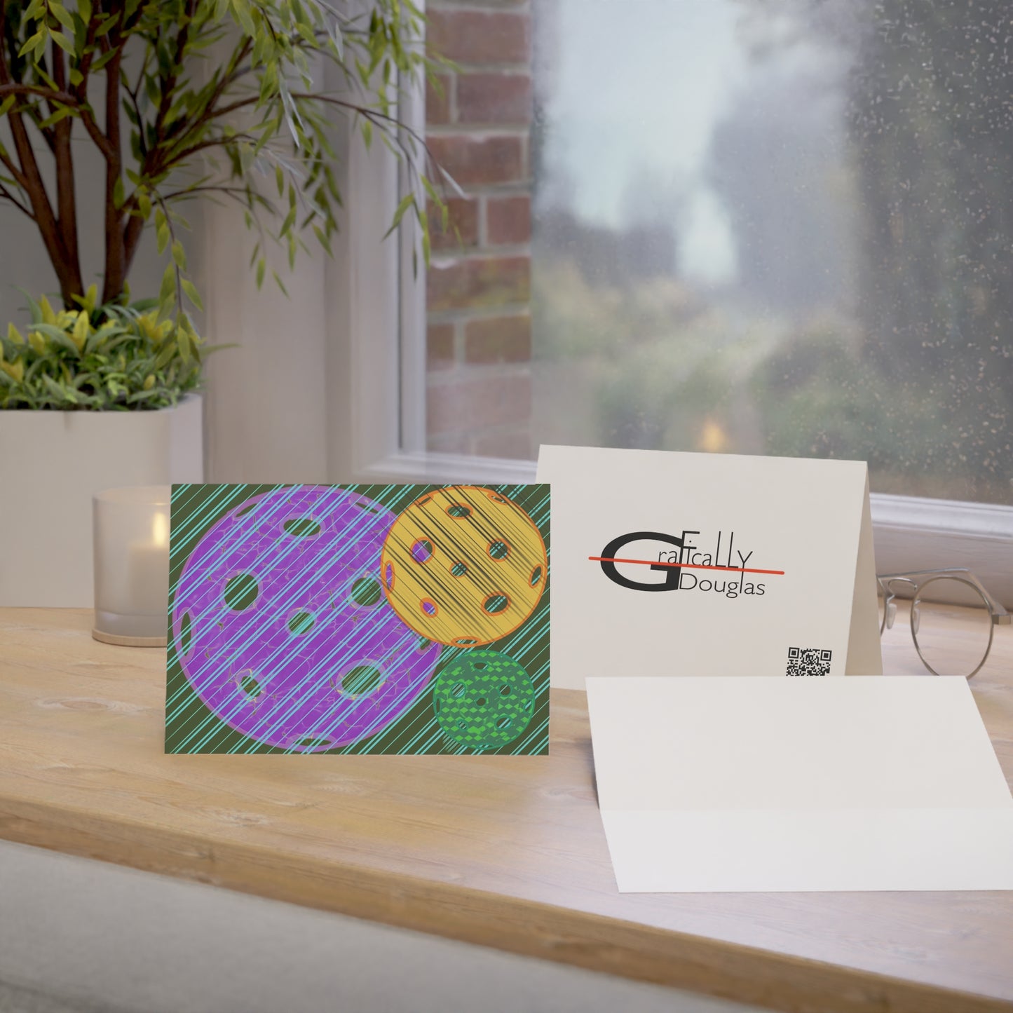 'Striped Balls' – Pickleball Greeting Cards – 1/30/50 Pack – Artist-Made by Stephen Douglas