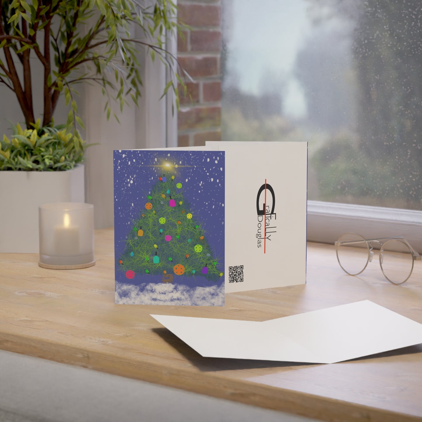 'Holiday Tree' – Pickleball Greeting Cards – 1/30/50 Pack – Artist-Made by Stephen Douglas