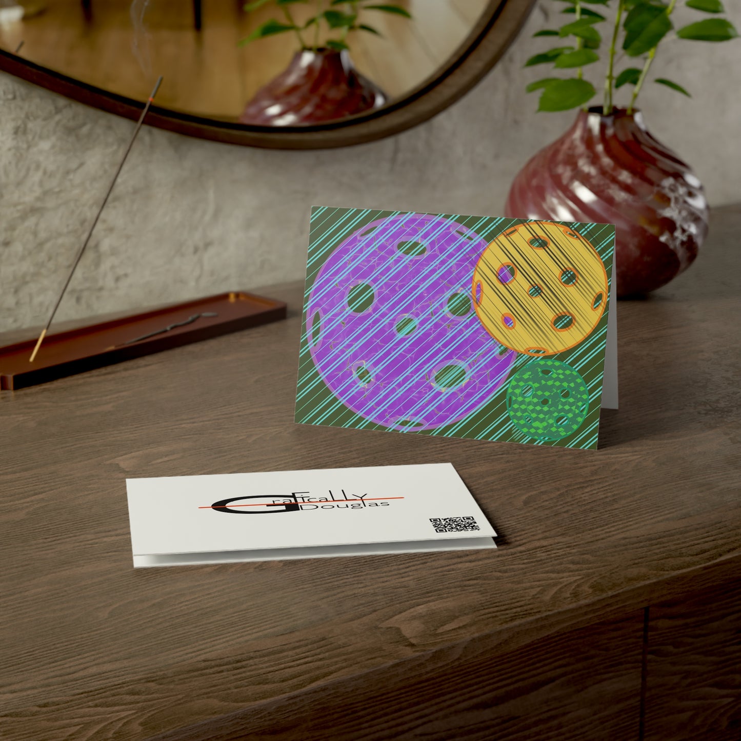 'Striped Balls' – Pickleball Greeting Cards – 1/30/50 Pack – Artist-Made by Stephen Douglas